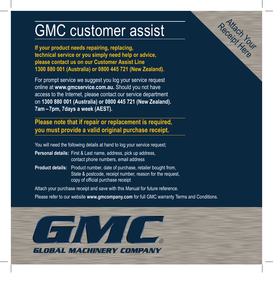 Gmc customer assist | Global Machinery Company 25CC User Manual | Page 16 / 16