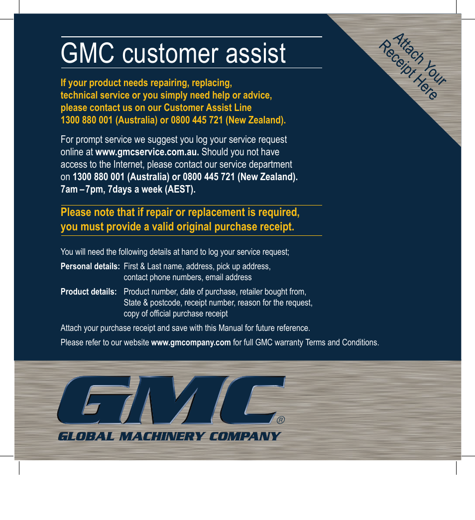 Gmc customer assist | Global Machinery Company CDB305MS User Manual | Page 20 / 20