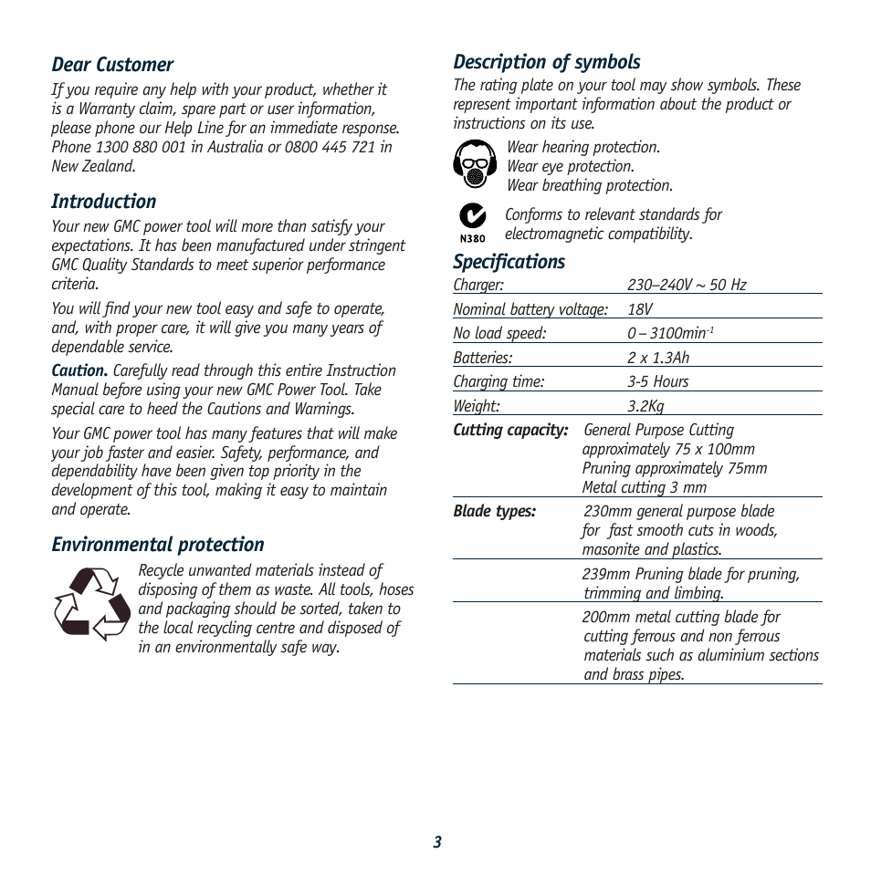 Description of symbols, Specifications, Dear customer | Introduction, Environmental protection | Global Machinery Company TRM18V User Manual | Page 3 / 12
