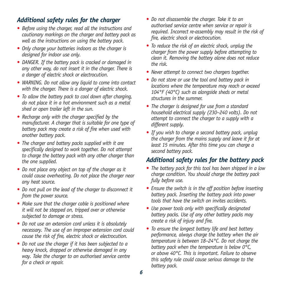 Additional safety rules for the charger, Additional safety rules for the battery pack | Global Machinery Company TRM18V User Manual | Page 6 / 12