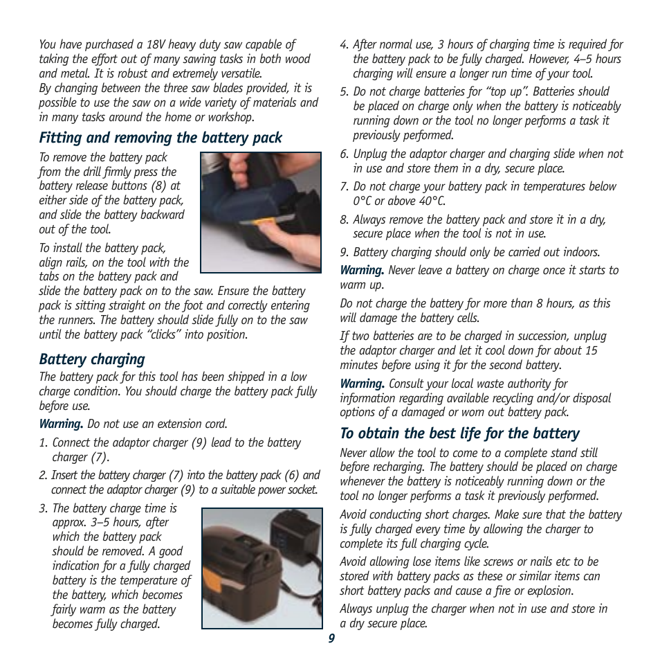 Fitting and removing the battery pack, Battery charging | Global Machinery Company TRM18V User Manual | Page 9 / 12