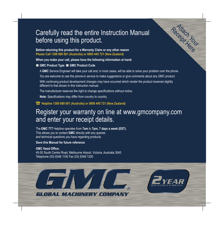 Global Machinery Company MX1G100 User Manual | Page 12 / 12