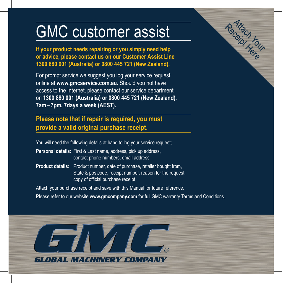 Gmc customer assist | Global Machinery Company 300W CARBON FIBRE 1/3 SHEET ORBITAL OS187CF User Manual | Page 12 / 12