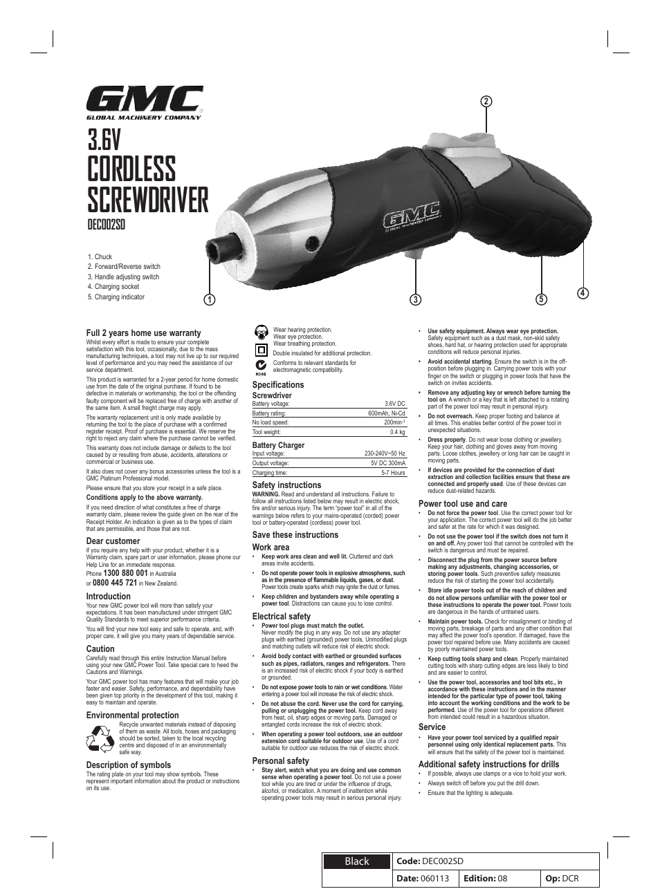 Cordless screwdriver, Dec002sd, Black | Global Machinery Company DEC001SI User Manual | Page 3 / 8