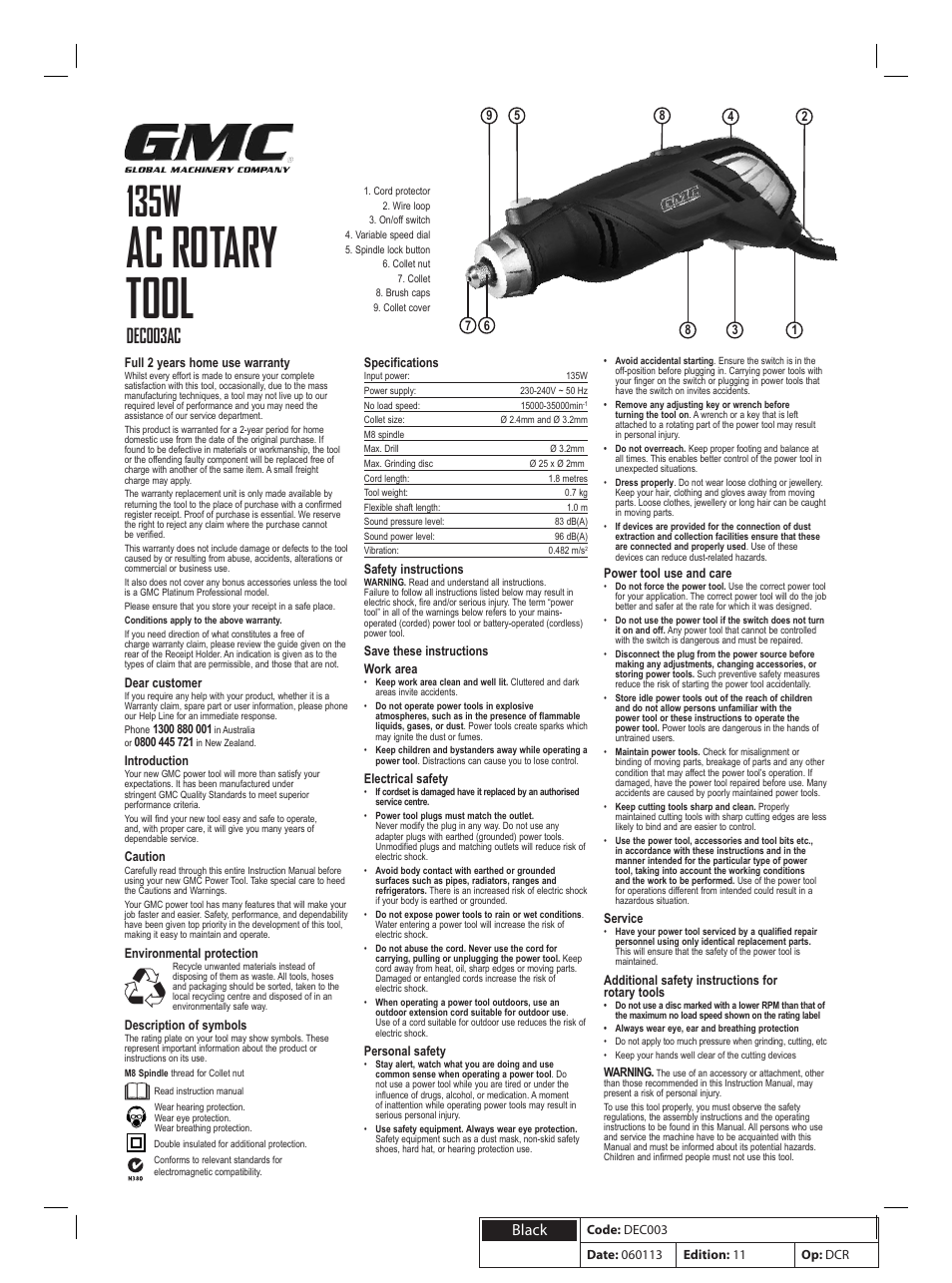 Ac rotary tool, 135w, Dec003ac | Black | Global Machinery Company DEC001SI User Manual | Page 5 / 8