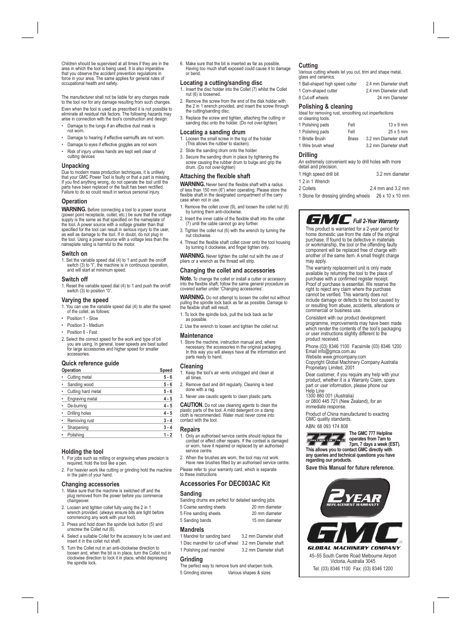 Accessories for dec003ac kit | Global Machinery Company DEC001SI User Manual | Page 6 / 8