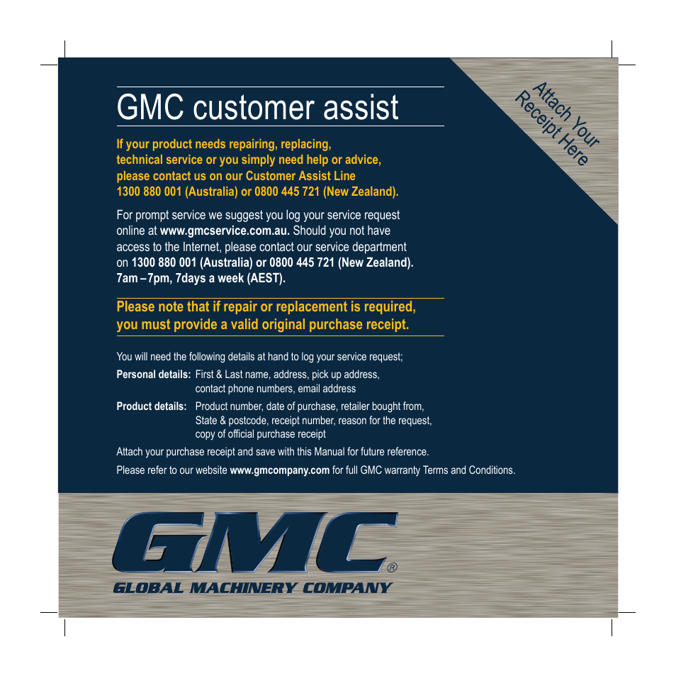 Gmc customer assist | Global Machinery Company RT300 User Manual | Page 16 / 16