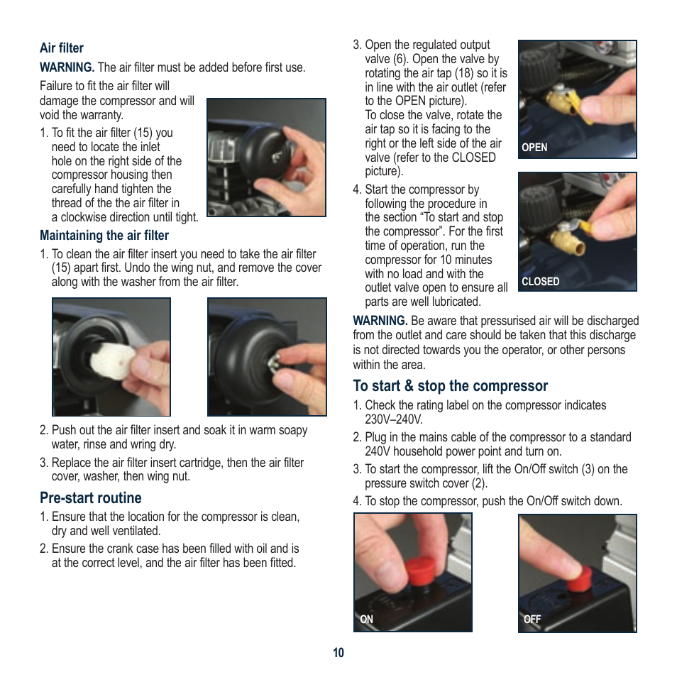 Pre-start routine | Global Machinery Company EAC30 User Manual | Page 10 / 16