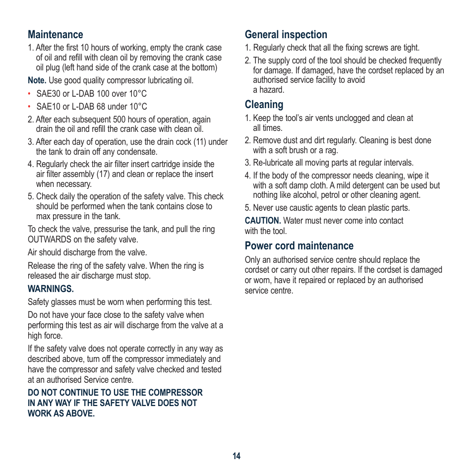 Maintenance, General inspection, Cleaning | Power cord maintenance | Global Machinery Company EAC30 User Manual | Page 14 / 16