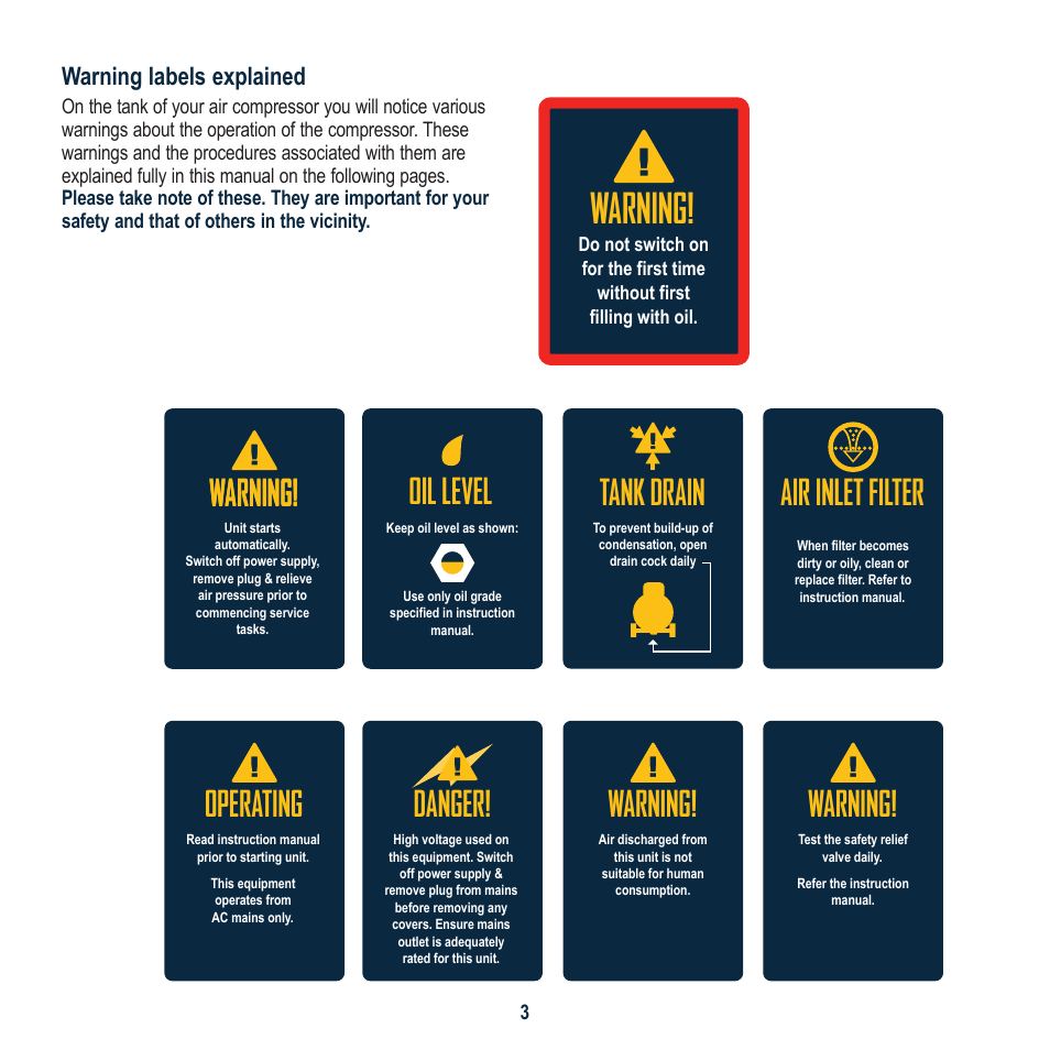 Warning labels explained | Global Machinery Company EAC30 User Manual | Page 3 / 16