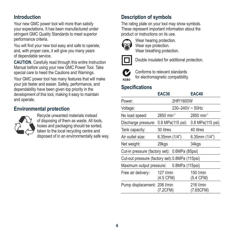 Description of symbols, Specifications, Introduction | Environmental protection | Global Machinery Company EAC30 User Manual | Page 4 / 16