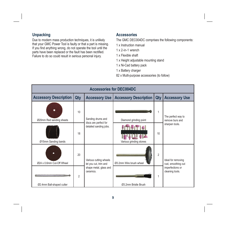 Unpacking, Accessories | Global Machinery Company DEC004DC User Manual | Page 9 / 16