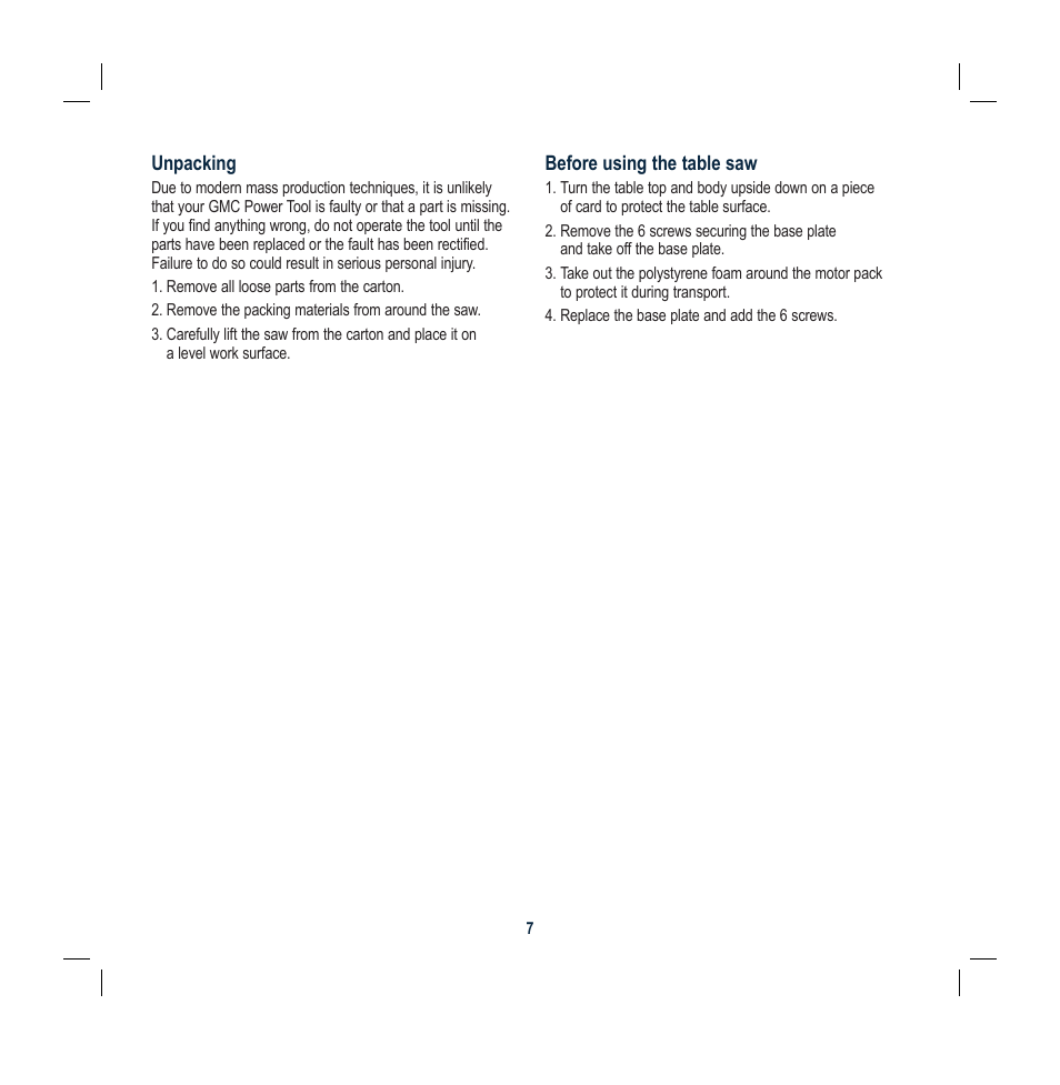 Global Machinery Company TS1800 User Manual | Page 7 / 20
