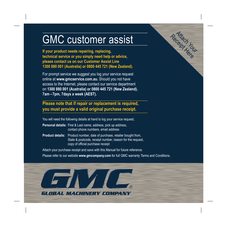 Gmc customer assist | Global Machinery Company PB26D User Manual | Page 12 / 12