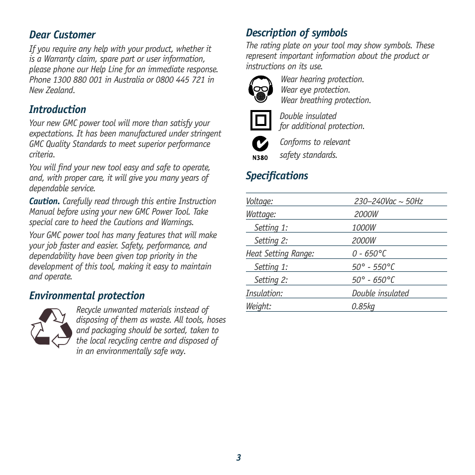 Description of symbols, Specifications, Dear customer | Introduction, Environmental protection | Global Machinery Company HG2000K User Manual | Page 3 / 9