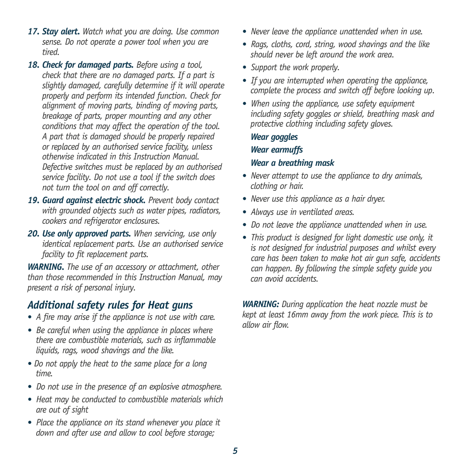 Additional safety rules for heat guns | Global Machinery Company HG2000K User Manual | Page 5 / 9