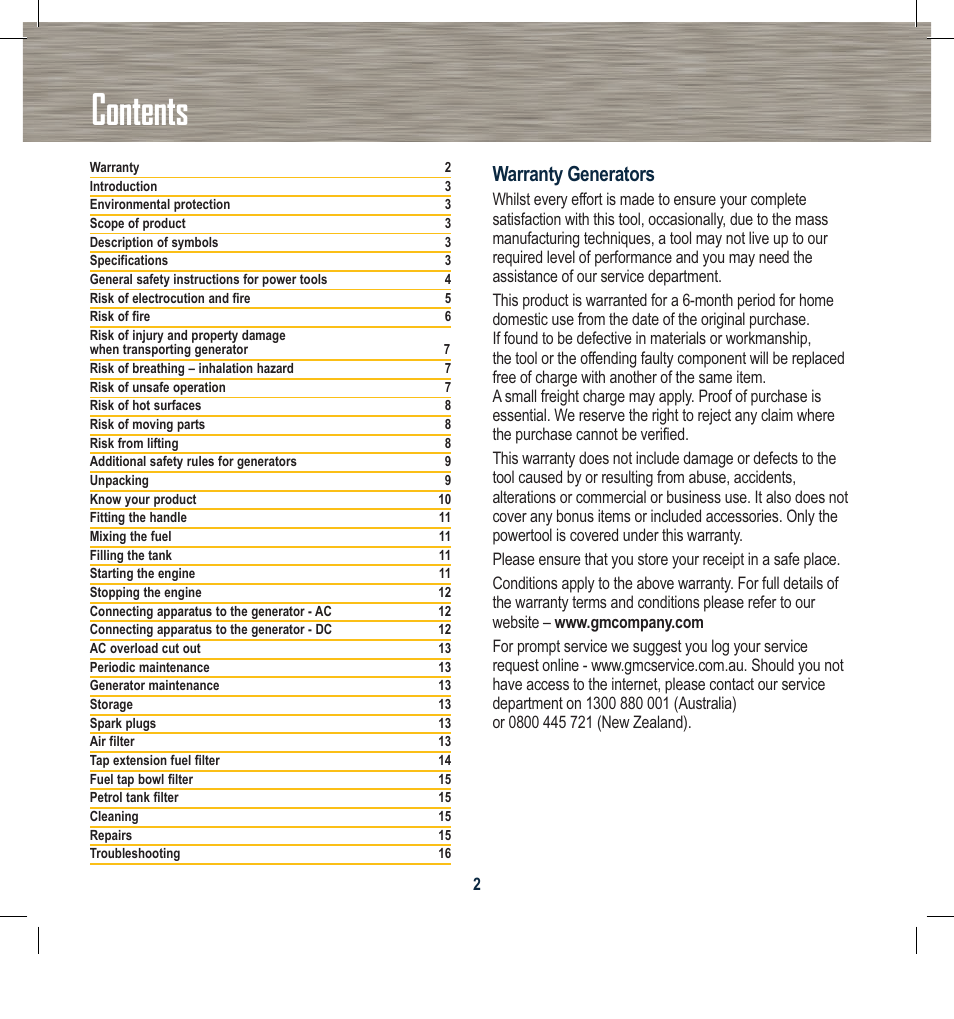 Global Machinery Company GEN800 User Manual | Page 2 / 20