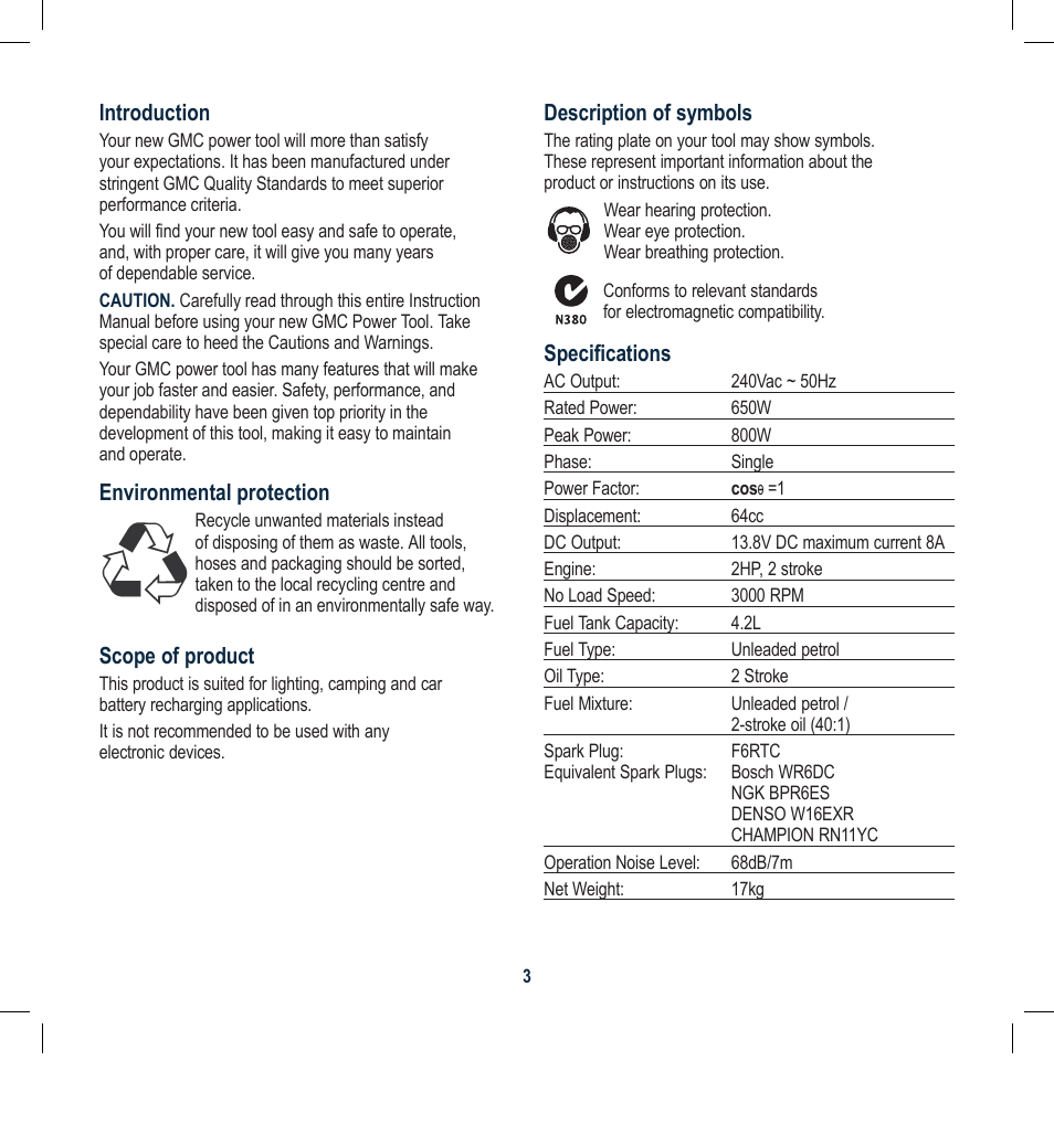 Global Machinery Company GEN800 User Manual | Page 3 / 20