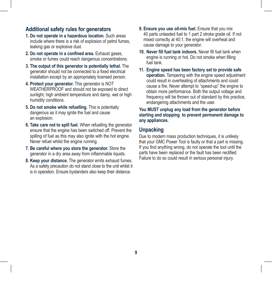 Global Machinery Company GEN800 User Manual | Page 9 / 20