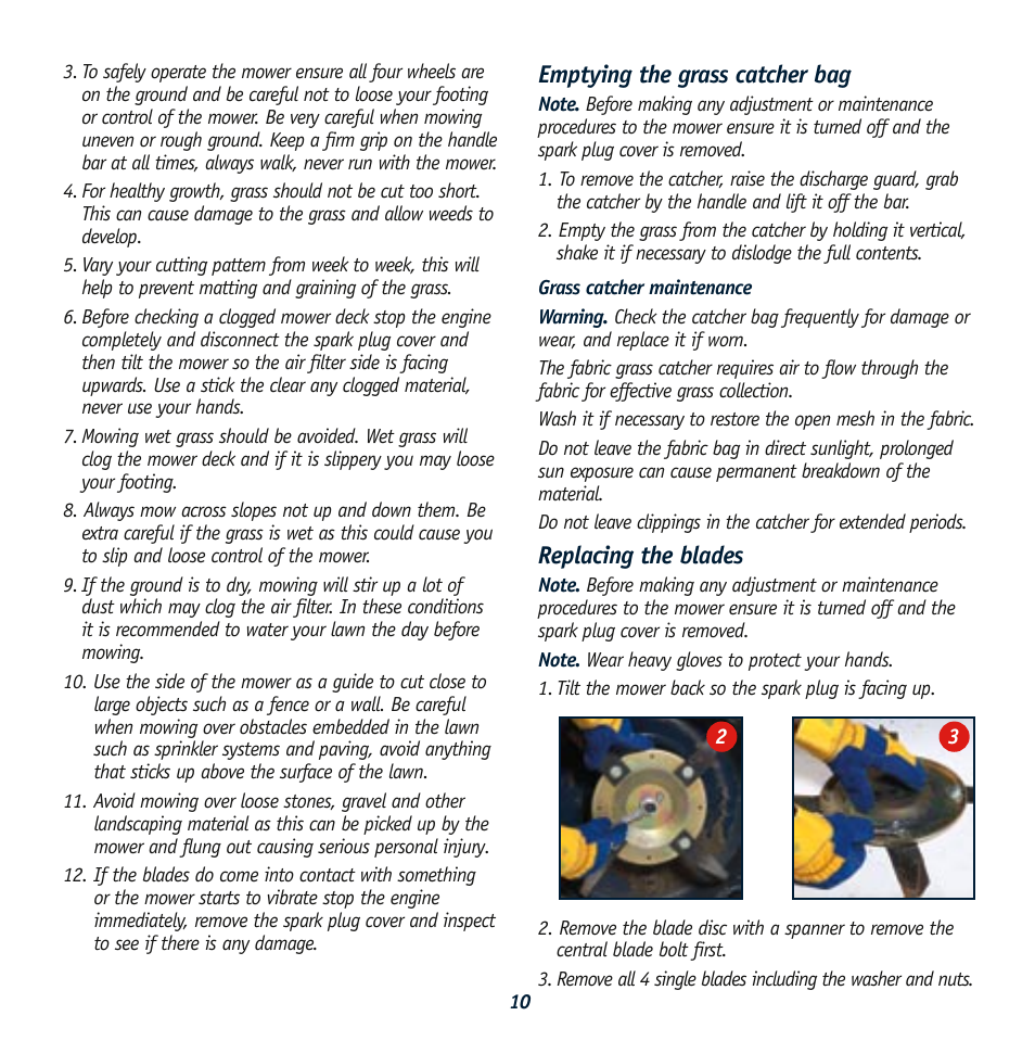 Emptying the grass catcher bag, Replacing the blades | Global Machinery Company RL 500 User Manual | Page 10 / 12