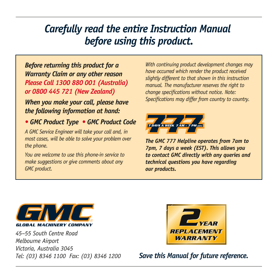 Global Machinery Company RL 500 User Manual | Page 12 / 12