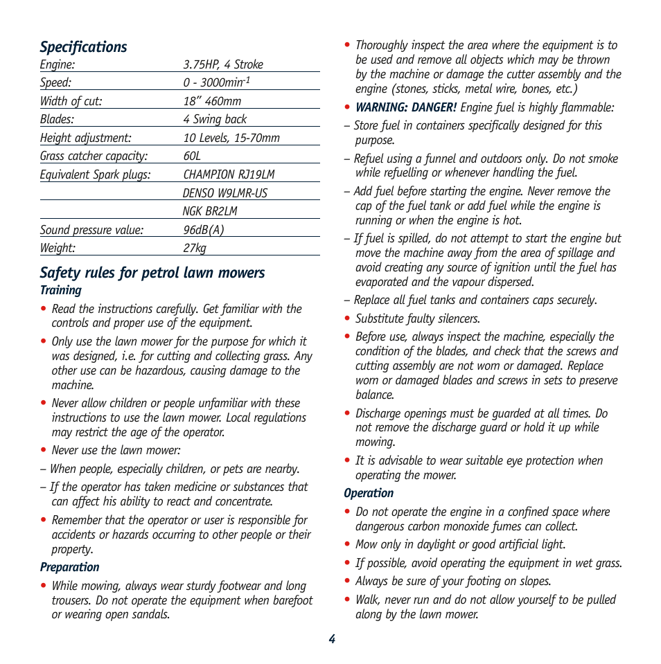 Specifications, Safety rules for petrol lawn mowers | Global Machinery Company RL 500 User Manual | Page 4 / 12