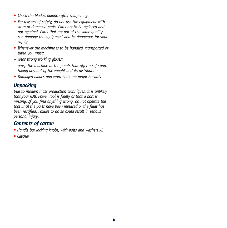 Unpacking, Contents of carton | Global Machinery Company RL 500 User Manual | Page 6 / 12