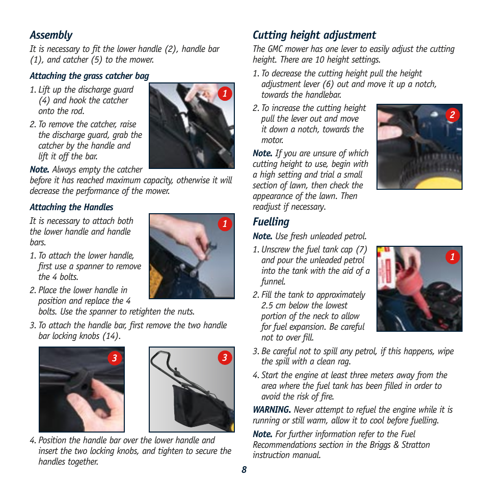 Assembly, Cutting height adjustment, Fuelling | Global Machinery Company RL 500 User Manual | Page 8 / 12