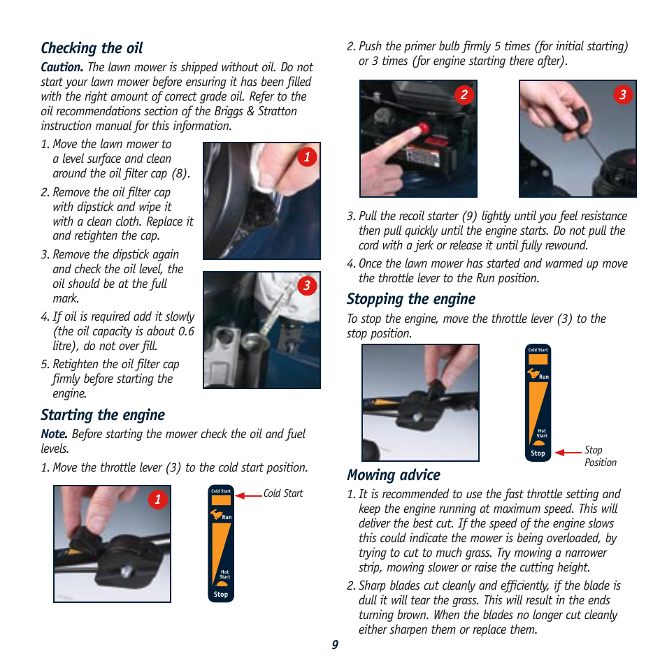 Checking the oil, Starting the engine, Stopping the engine | Mowing advice | Global Machinery Company RL 500 User Manual | Page 9 / 12