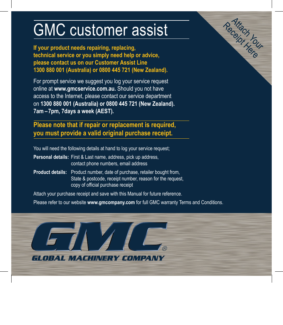 Gmc customer assist | Global Machinery Company OS300 User Manual | Page 12 / 12