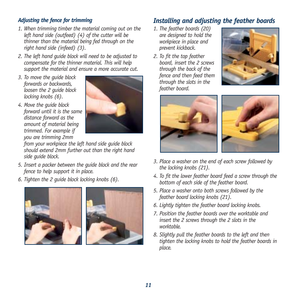 Installing and adjusting the feather boards | Global Machinery Company 1050W User Manual | Page 11 / 14