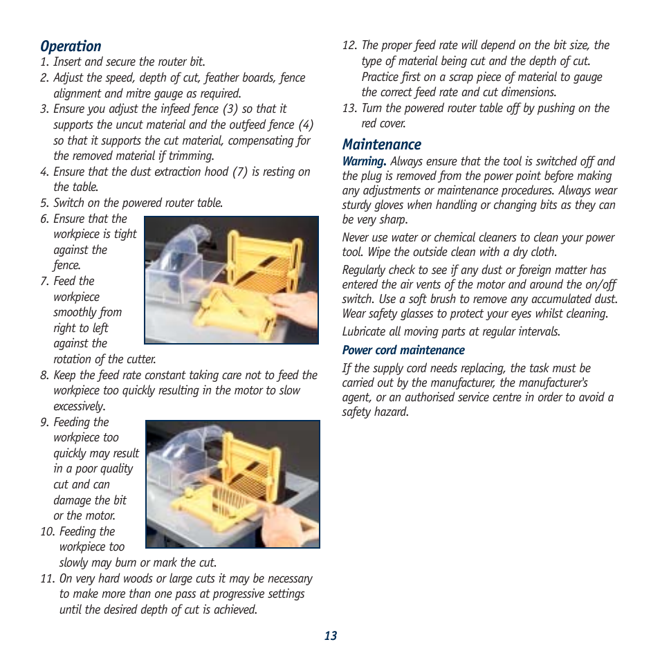Operation, Maintenance | Global Machinery Company 1050W User Manual | Page 13 / 14