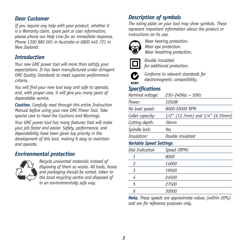 Description of symbols, Specifications, Dear customer | Introduction, Environmental protection | Global Machinery Company 1050W User Manual | Page 3 / 14