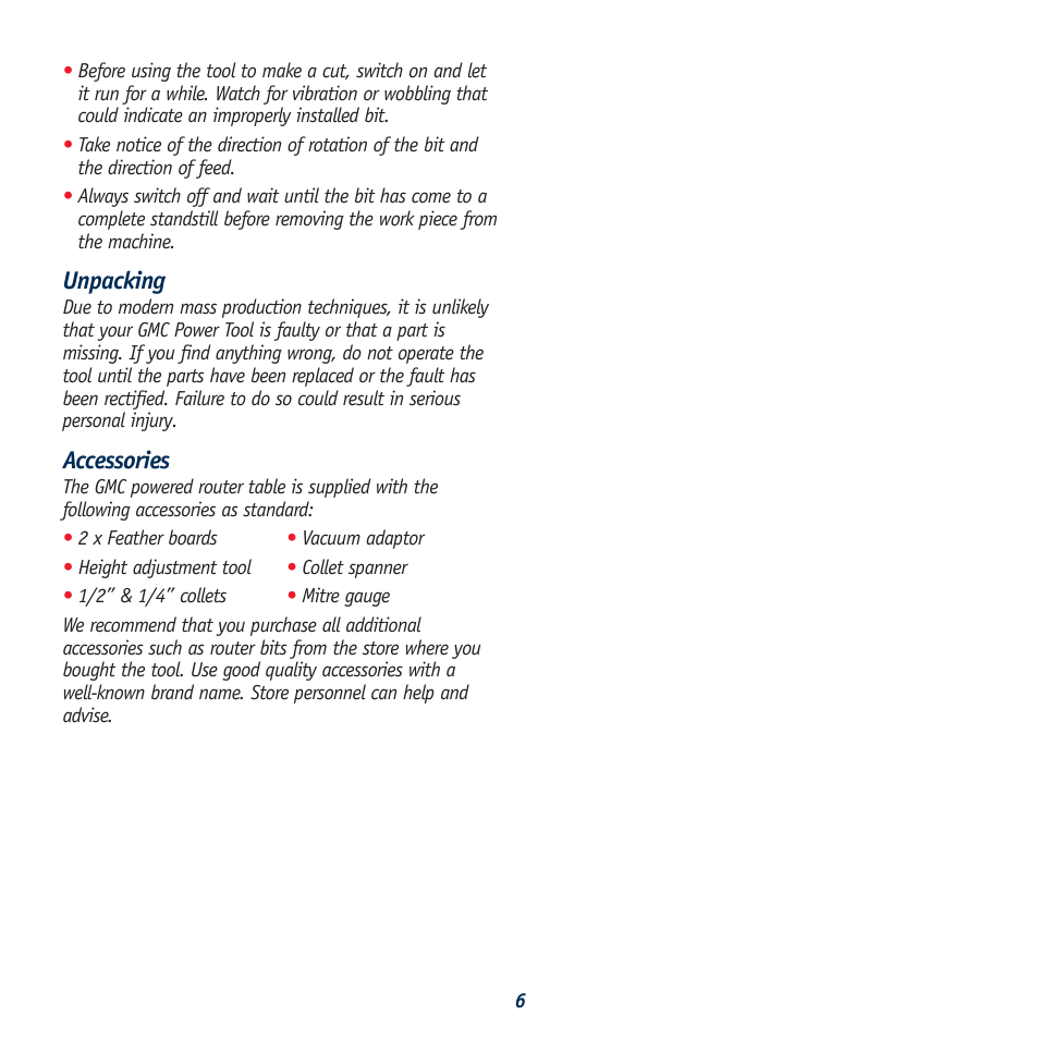 Unpacking, Accessories | Global Machinery Company 1050W User Manual | Page 6 / 14