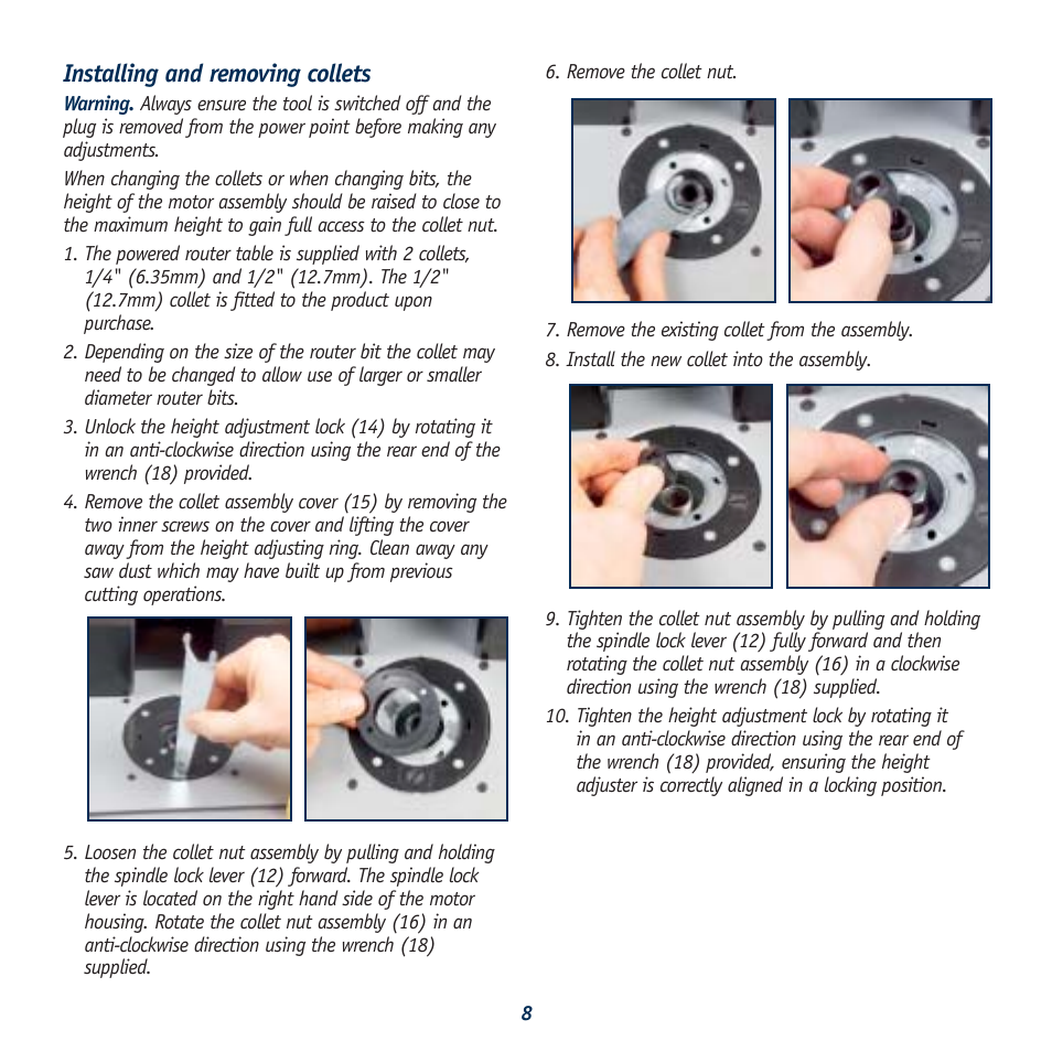 Installing and removing collets | Global Machinery Company 1050W User Manual | Page 8 / 14