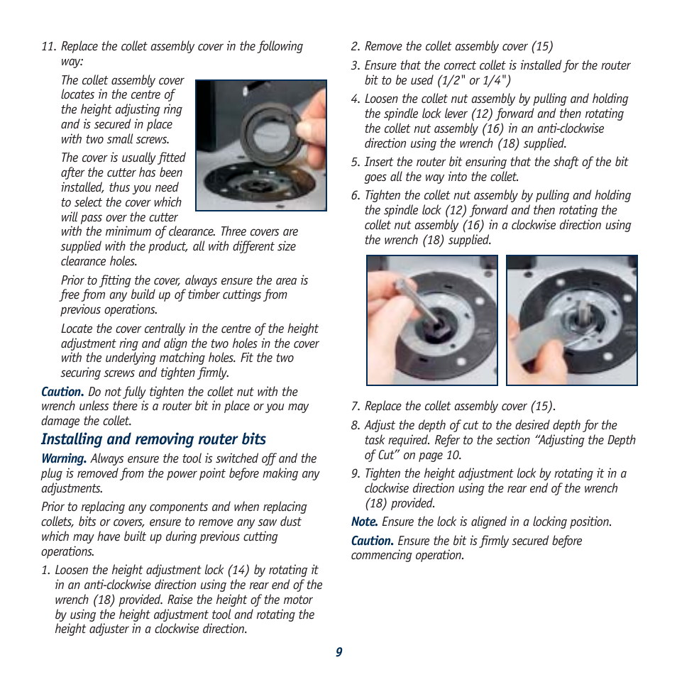 Installing and removing router bits | Global Machinery Company 1050W User Manual | Page 9 / 14