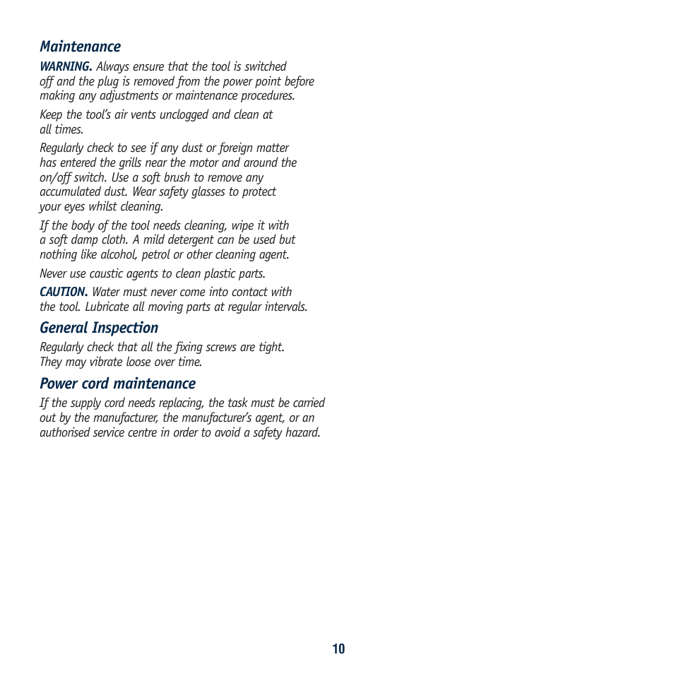 Maintenance, General inspection, Power cord maintenance | Global Machinery Company SA120 User Manual | Page 10 / 12