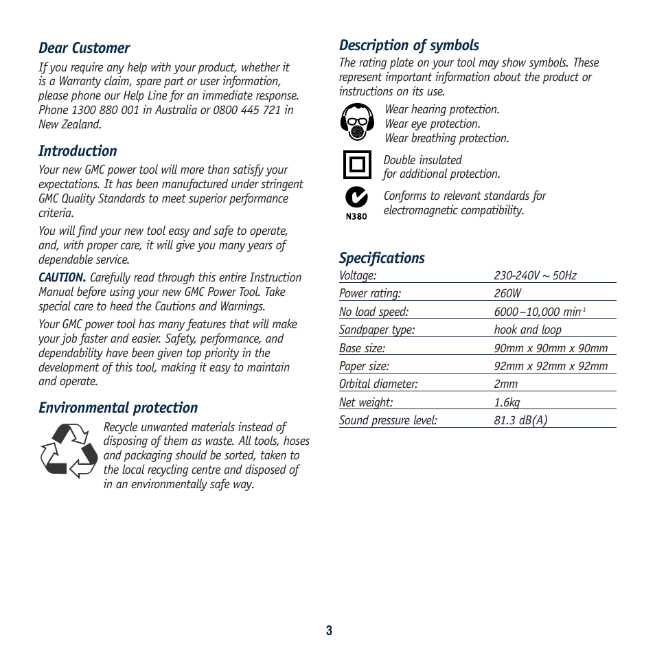 Description of symbols, Specifications, Dear customer | Introduction, Environmental protection | Global Machinery Company SA120 User Manual | Page 3 / 12