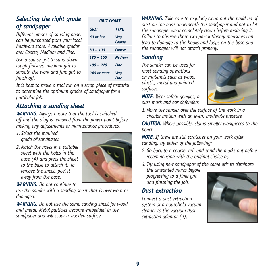 Selecting the right grade of sandpaper, Attaching a sanding sheet, Sanding | Dust extraction | Global Machinery Company SA120 User Manual | Page 9 / 12