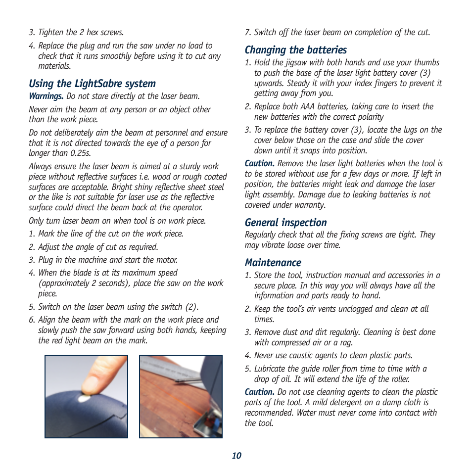 Using the lightsabre system, Changing the batteries, General inspection | Maintenance | Global Machinery Company LS620SR User Manual | Page 10 / 11