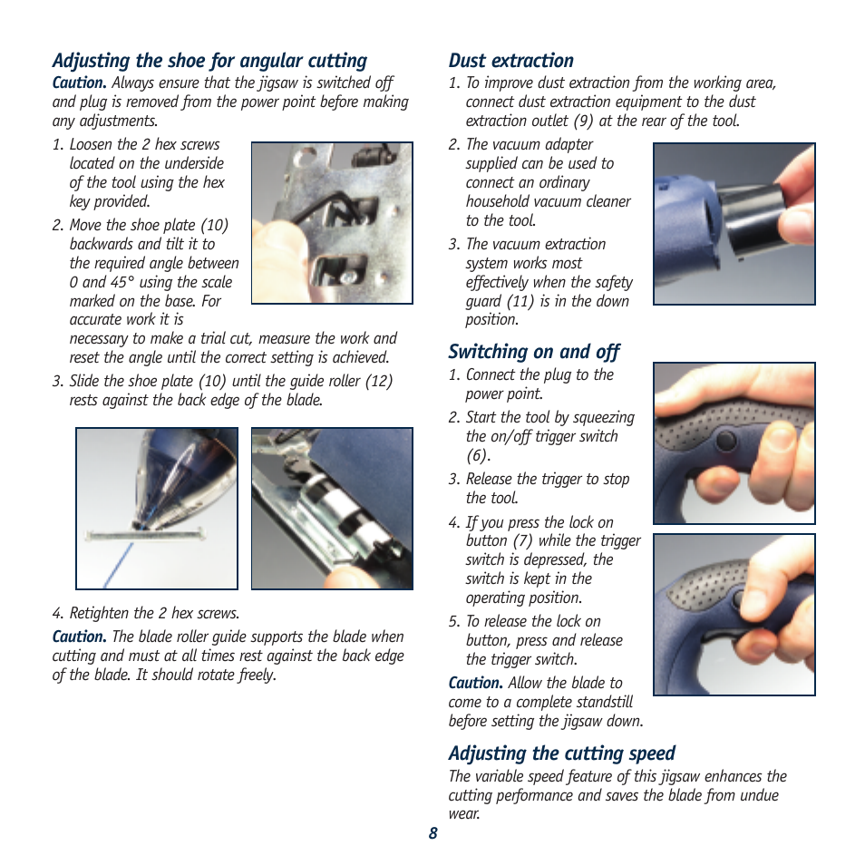 Adjusting the shoe for angular cutting, Dust extraction, Switching on and off | Adjusting the cutting speed | Global Machinery Company LS620SR User Manual | Page 8 / 11