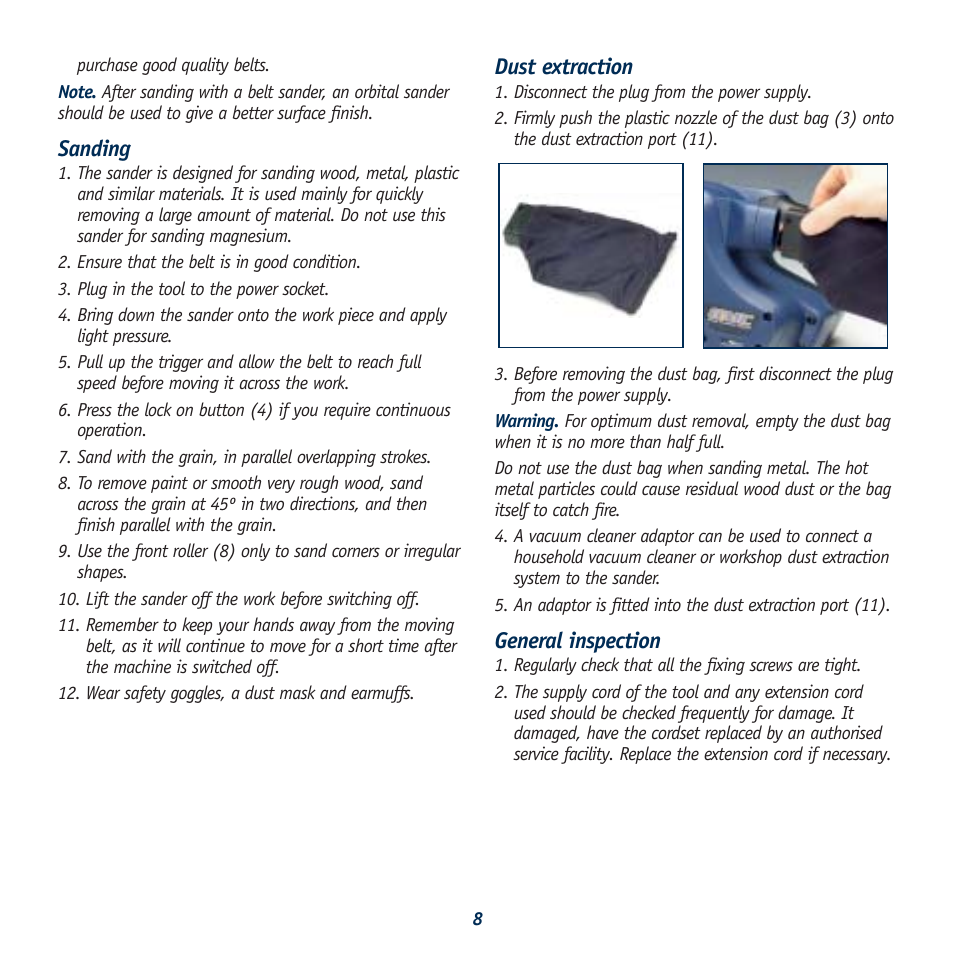 Sanding, Dust extraction, General inspection | Global Machinery Company BS1000 User Manual | Page 8 / 10