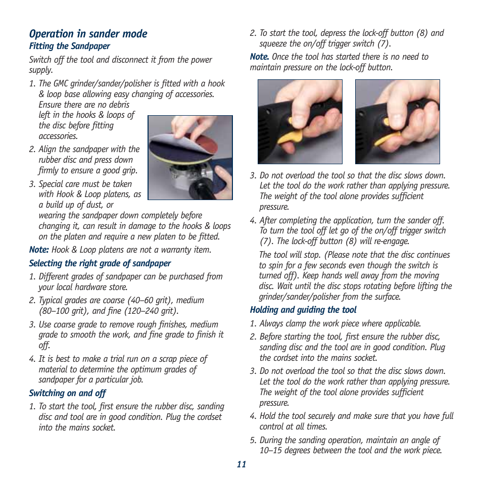 Operation in sander mode | Global Machinery Company POL1450 User Manual | Page 11 / 16