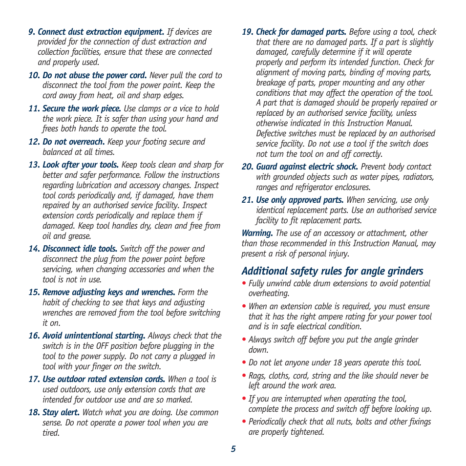 Additional safety rules for angle grinders | Global Machinery Company POL1450 User Manual | Page 5 / 16