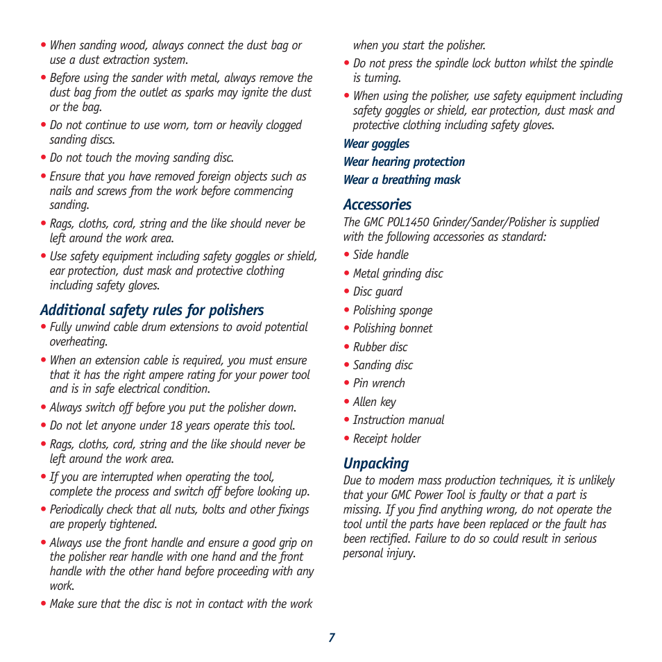 Additional safety rules for polishers, Accessories, Unpacking | Global Machinery Company POL1450 User Manual | Page 7 / 16