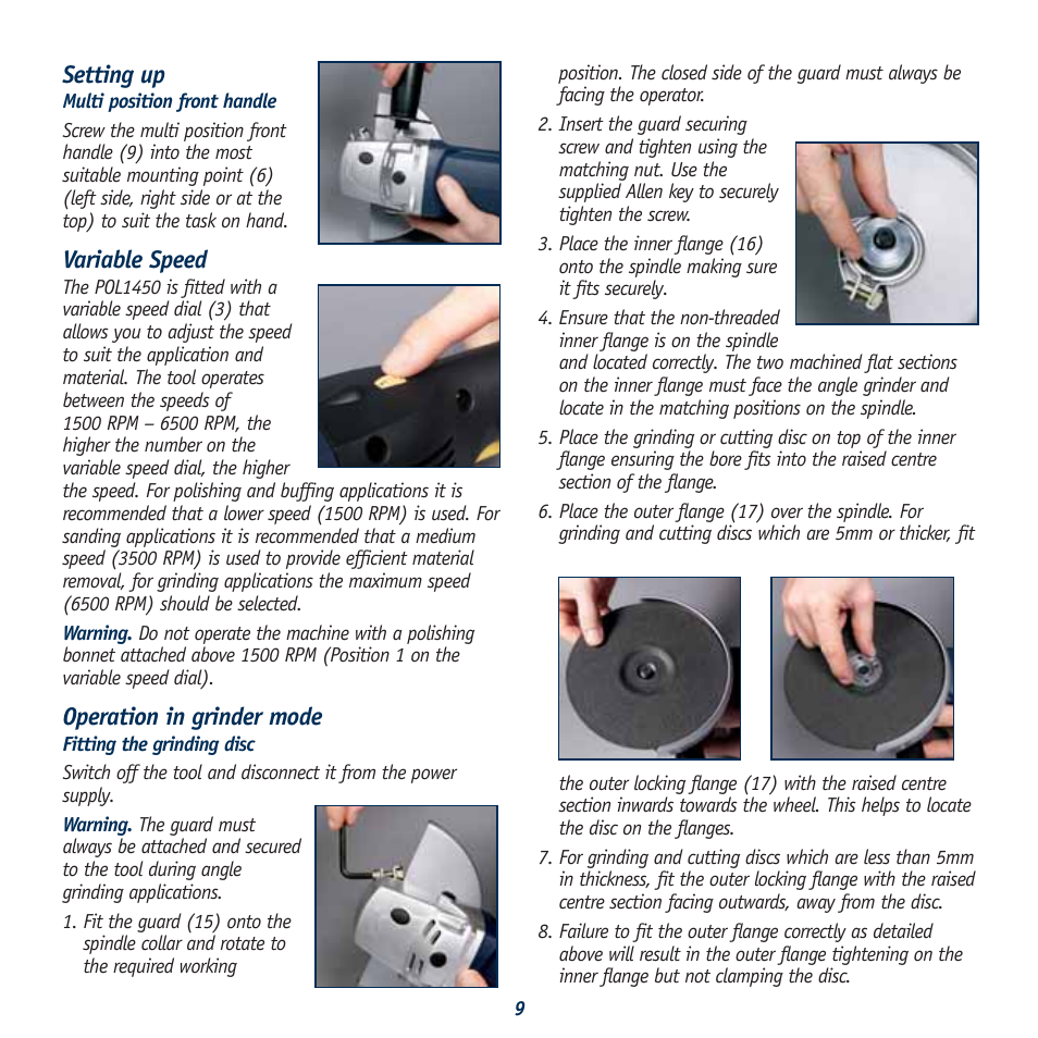 Setting up, Variable speed, Operation in grinder mode | Global Machinery Company POL1450 User Manual | Page 9 / 16