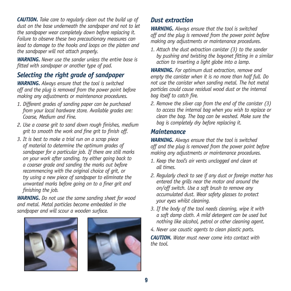 Selecting the right grade of sandpaper, Dust extraction, Maintenance | Global Machinery Company 230W User Manual | Page 9 / 12