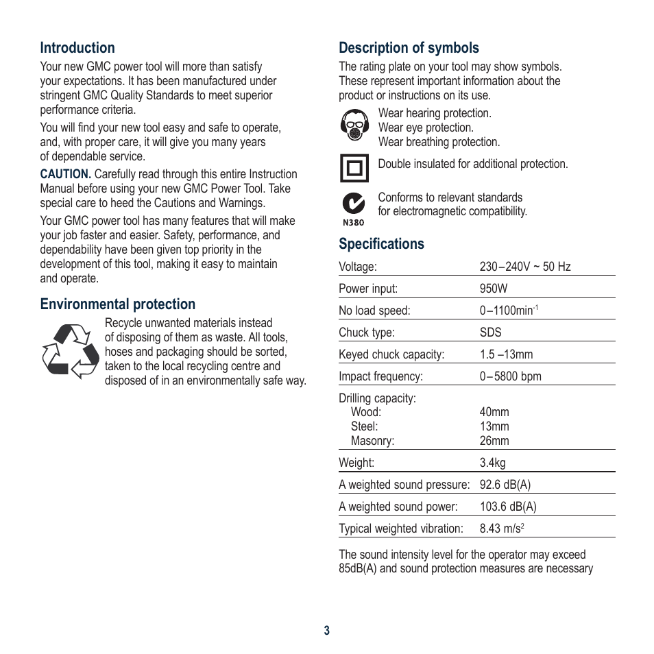 Description of symbols, Specifications, Introduction | Environmental protection | Global Machinery Company MAG950HD User Manual | Page 3 / 12