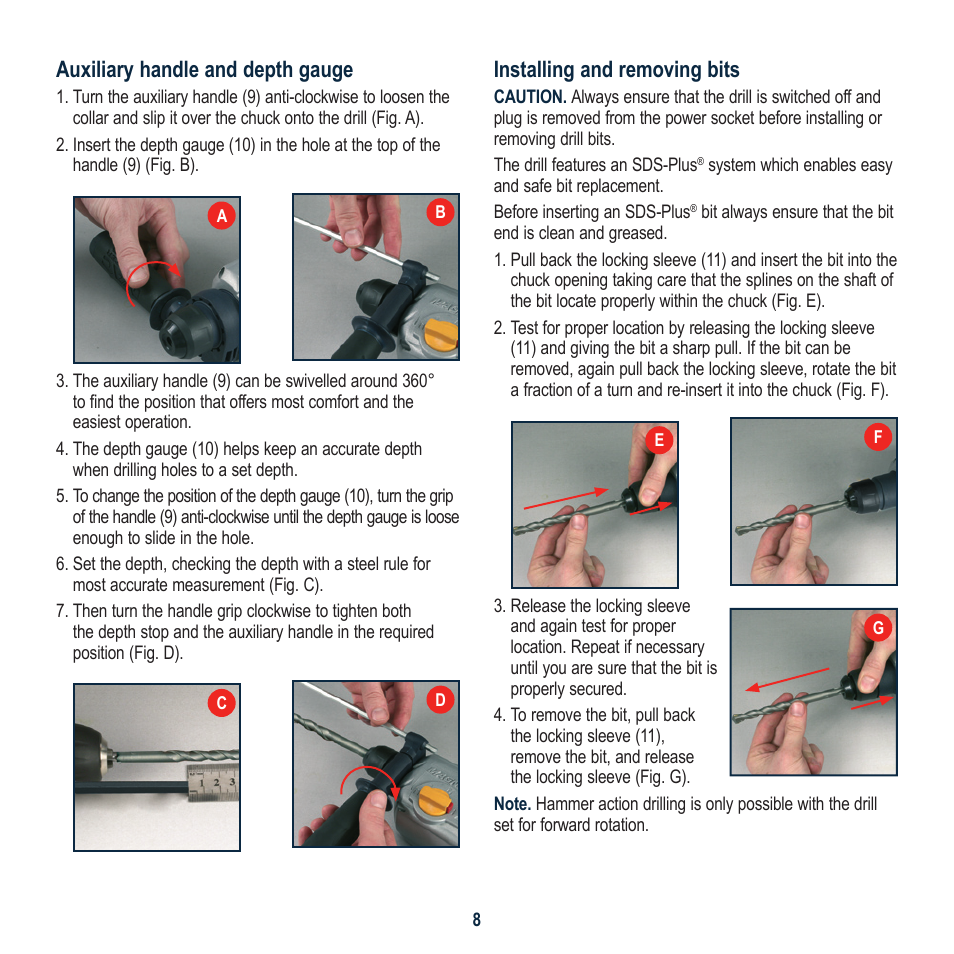 Auxiliary handle and depth gauge, Installing and removing bits | Global Machinery Company MAG950HD User Manual | Page 8 / 12