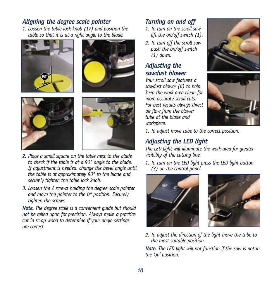Aligning the degree scale pointer, Turning on and off, Adjusting the sawdust blower | Adjusting the led light | Global Machinery Company REDEYE LSSCR User Manual | Page 10 / 16